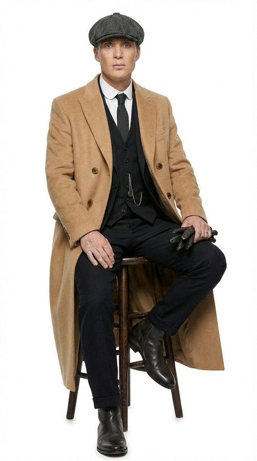 Mens Camel Brown Double Breasted Wool Overcoat + Suit β Peaky Blinders Inspired Vintage Long Trench Coat with Lapel Collar