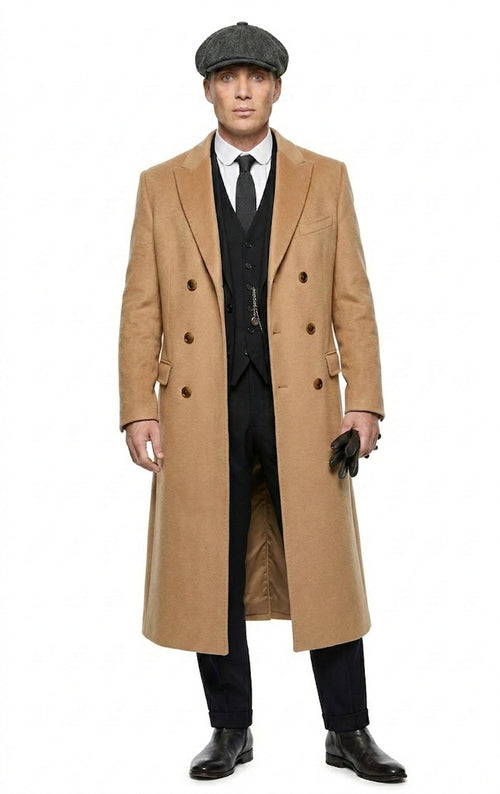 Mens Camel Brown Double Breasted Wool Overcoat + Suit β Peaky Blinders Inspired Vintage Long Trench Coat with Lapel Collar