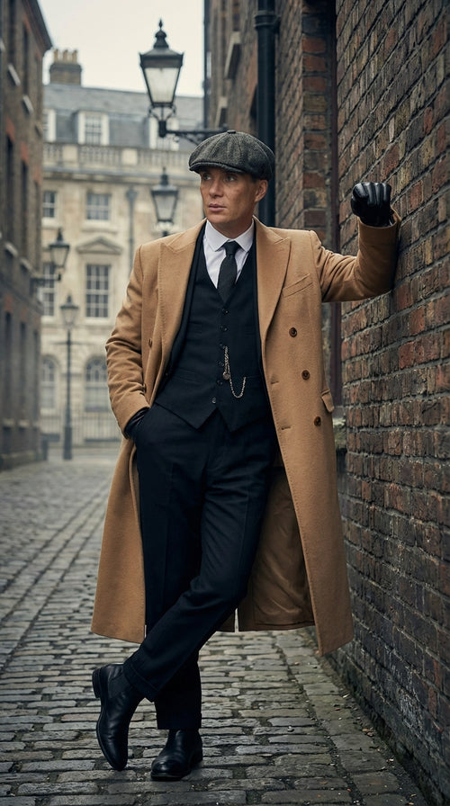Mens Camel Brown Double Breasted Wool Overcoat + Suit – Peaky Blinders Inspired Vintage Long Trench Coat with Lapel Collar