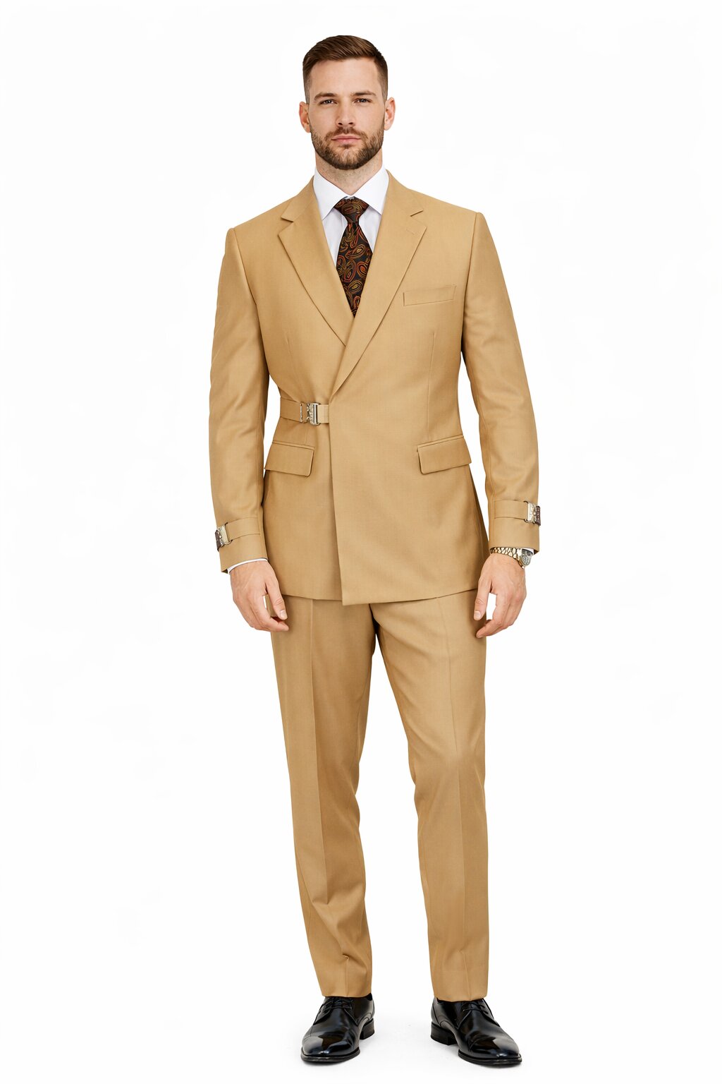 Men’s Camel Double Breasted Wool Suit with Metal Buckle Closure