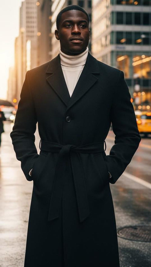 Men's Black Full Length Belted Overcoat Porter by USA Men's Outlet