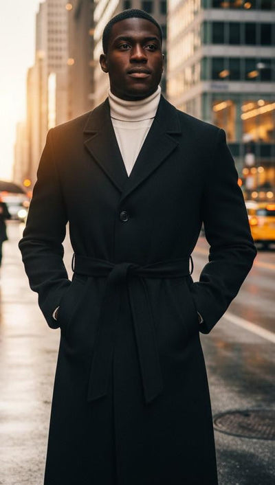 Men's Black Full Length Belted Overcoat Porter by USA Men's Outlet