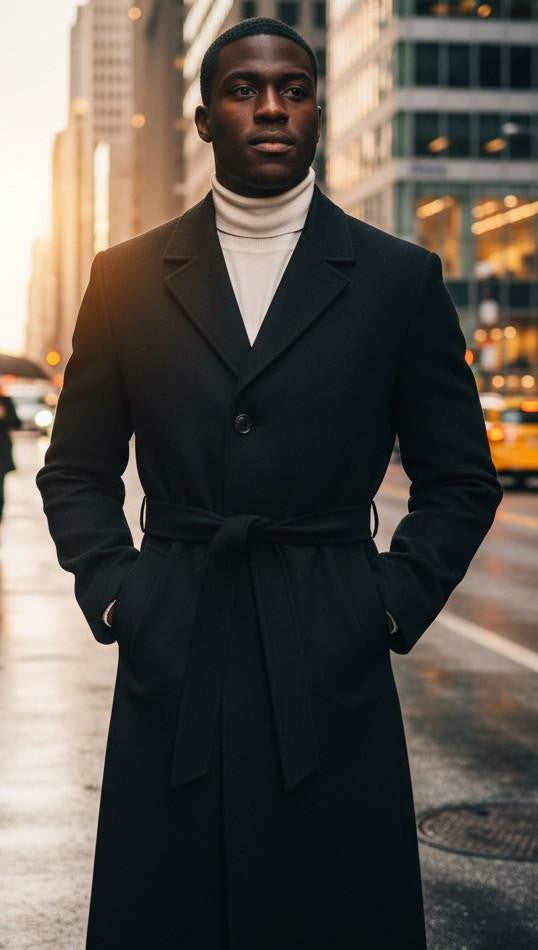 Men's Black Full Length Belted Overcoat Porter by USA Men's Outlet