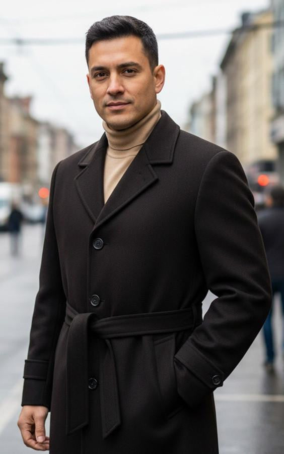 Men's Brown Full Length Belted Overcoat Porter – SuitUSA