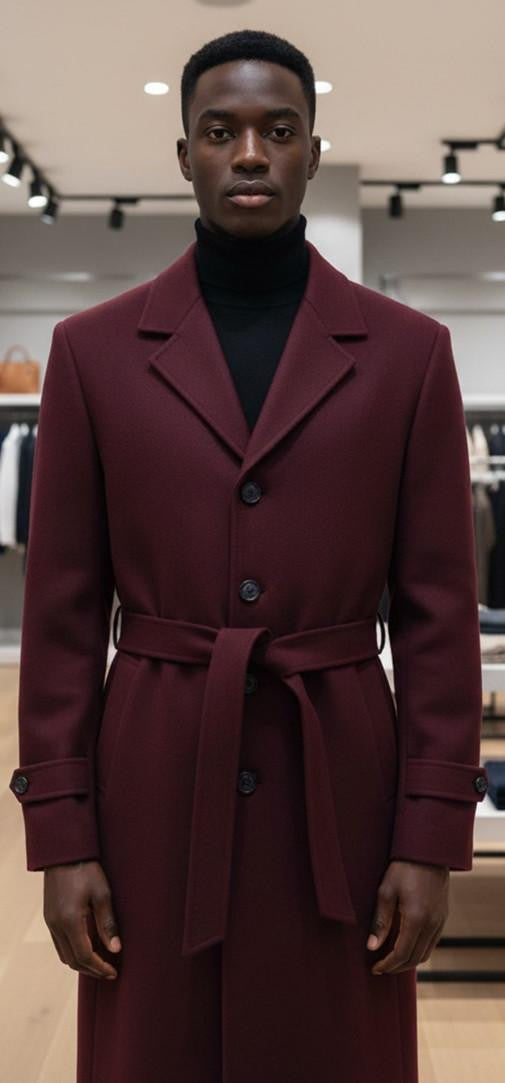 Men's Burgundy Full Length Belted Overcoat Porter – SuitUSA