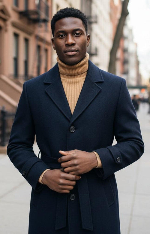 Men's Navy Full Length Belted Overcoat Porter