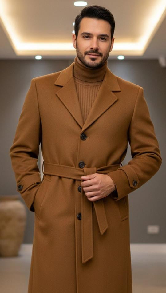 Men's Toasted Light Brown Full Length Belted Overcoat Porter USA Men's Outlet – SuitUSA