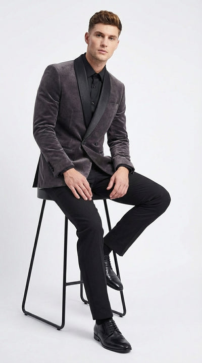 Mens Charcoal Gray Velvet Tuxedo Suit – Luxury Formal Wedding Suit with Black Shawl Lapel for Prom, Party Black Pants