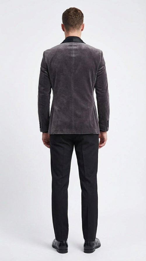 Mens Charcoal Gray Velvet Tuxedo Suit – Luxury Formal Wedding Suit with Black Shawl Lapel for Prom, Party Black Pants