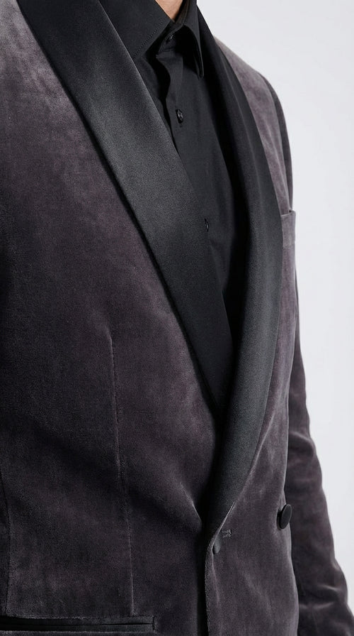 Mens Charcoal Gray Velvet Tuxedo Suit – Luxury Formal Wedding Suit with Black Shawl Lapel for Prom, Party Black Pants