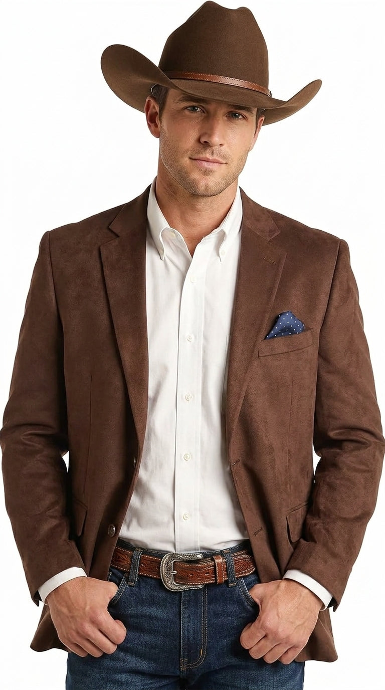 Mens Chocolate Brown Western Blazer β Cowboy Style Sport Coat Jacket Suede Fabric Two Buttons