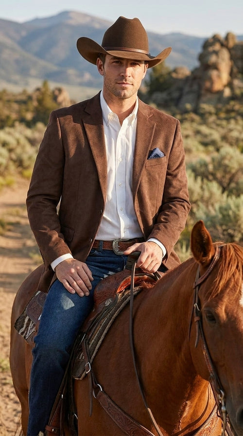 Mens Chocolate Brown Western Blazer β Cowboy Style Sport Coat Jacket Suede Fabric Two Buttons