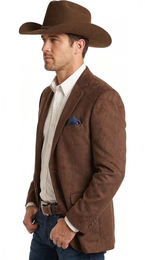 Mens Chocolate Brown Western Blazer β Cowboy Style Sport Coat Jacket Suede Fabric Two Buttons