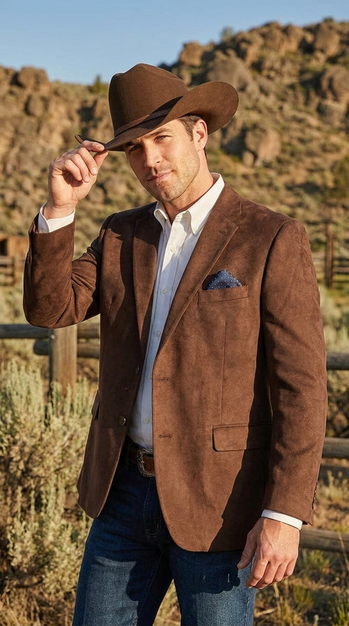 Mens Chocolate Brown Western Blazer β Cowboy Style Sport Coat Jacket Suede Fabric Two Buttons