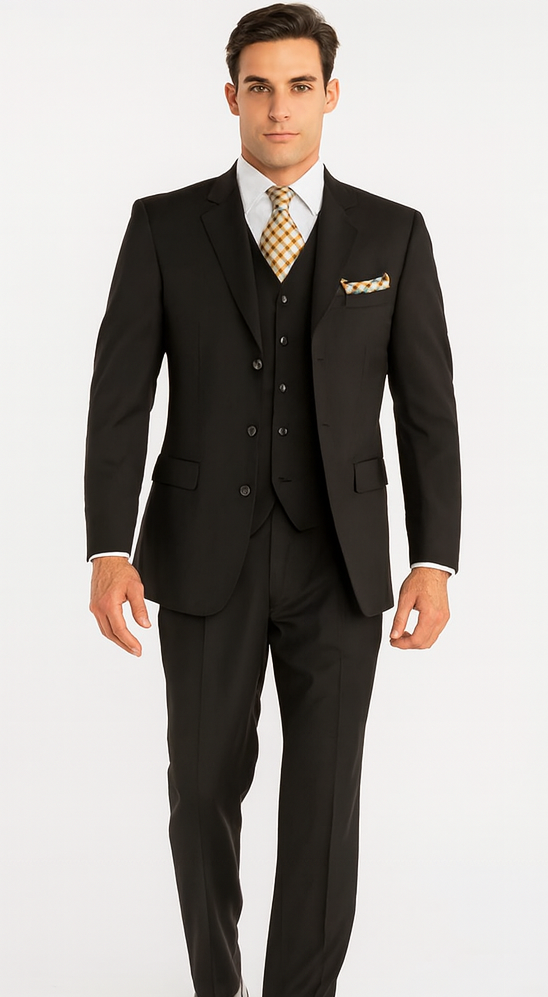 Mens Classic Fit 3 Button Vested Single Pleated Pant Suit in Black – SuitUSA