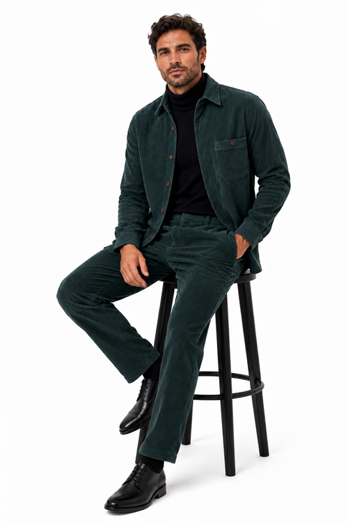 Mens Corduroy Shirt and Pants Walking Suit in Winter Cotton Fabric Casual in Color Green leisure Style
