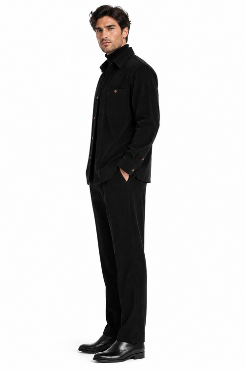 Men's Corduroy Shirt and Pants Walking Suit in Winter Cotton Fabric Casual in Color Black leisure Style