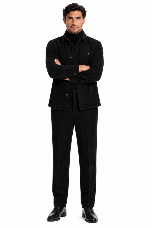 Men's Corduroy Shirt and Pants Walking Suit in Winter Cotton Fabric Casual in Color Black leisure Style