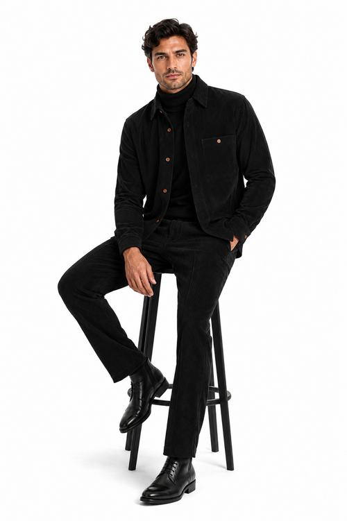 Men's Corduroy Shirt and Pants Walking Suit in Winter Cotton Fabric Casual in Color Black leisure Style