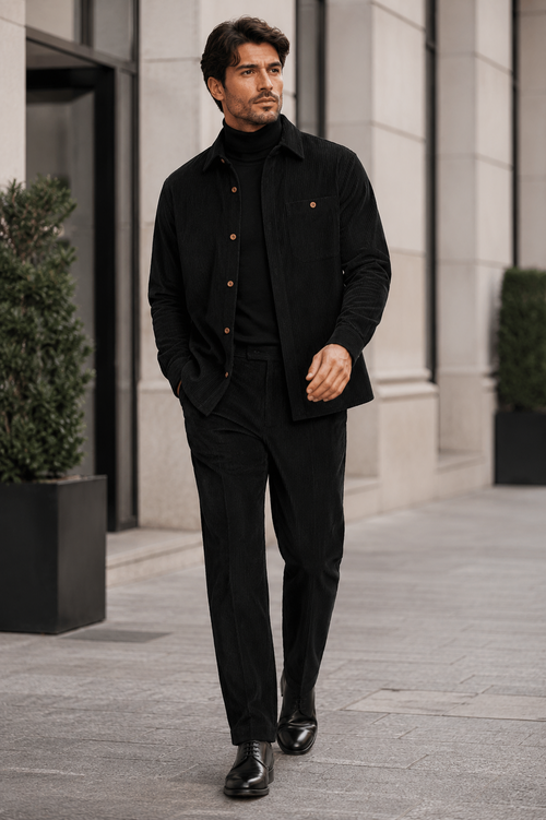 Men's Corduroy Shirt and Pants Walking Suit in Winter Cotton Fabric Casual in Color Black leisure Style