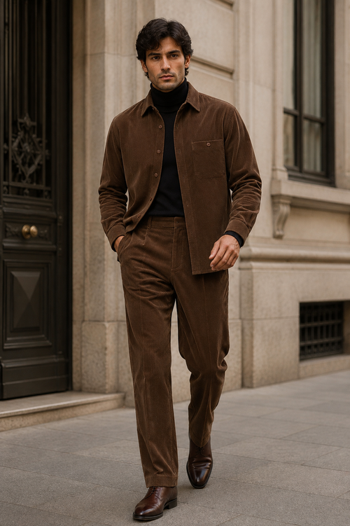 Men's Corduroy Shirt and Pants Walking Suit in Winter Cotton Fabric Casual in Color Brown leisure Style