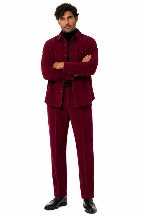 Mens Corduroy Shirt and Pants Walking Suit in Winter Cotton Fabric Casual in Color Burgundy leisure Style