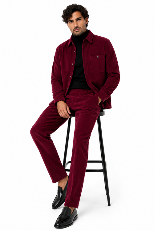 Mens Corduroy Shirt and Pants Walking Suit in Winter Cotton Fabric Casual in Color Burgundy leisure Style