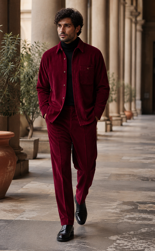 Mens Corduroy Shirt and Pants Walking Suit in Winter Cotton Fabric Casual in Color Burgundy leisure Style