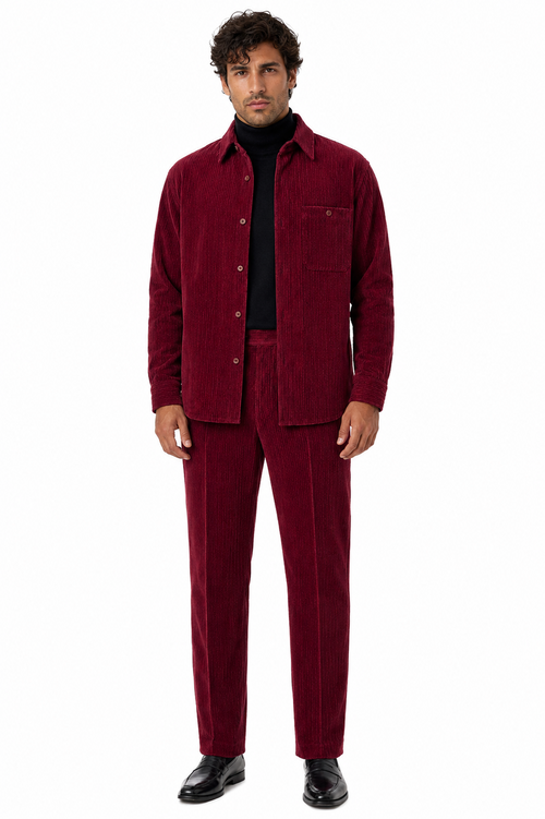 Mens Corduroy Shirt and Pants Walking Suit in Winter Cotton Fabric Casual in Color Burgundy leisure Style