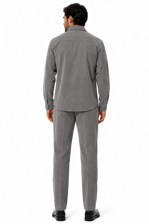 Mens Corduroy Shirt and Pants Walking Suit in Winter Cotton Fabric Casual in Color Grey leisure Style