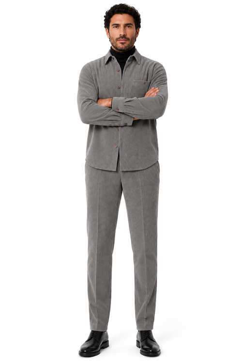 Mens Corduroy Shirt and Pants Walking Suit in Winter Cotton Fabric Casual in Color Grey leisure Style