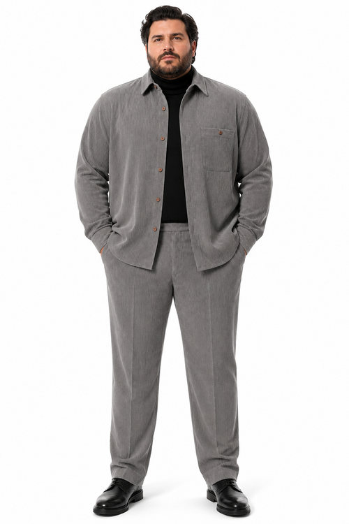 Mens Corduroy Shirt and Pants Walking Suit in Winter Cotton Fabric Casual in Color Grey leisure Style