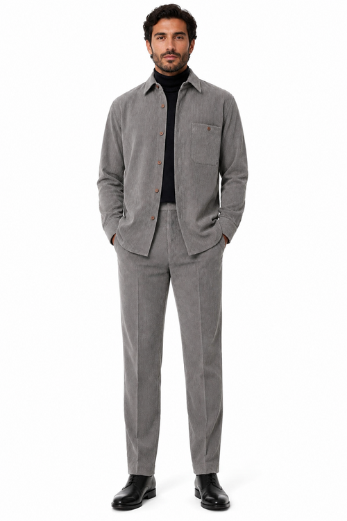 Mens Corduroy Shirt and Pants Walking Suit in Winter Cotton Fabric Casual in Color Grey leisure Style