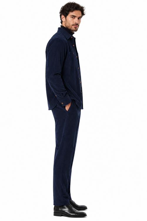 Mens Corduroy Shirt and Pants Walking Suit in Winter Cotton Fabric Casual in Color Navy leisure Style