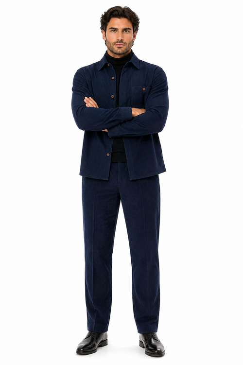 Mens Corduroy Shirt and Pants Walking Suit in Winter Cotton Fabric Casual in Color Navy leisure Style