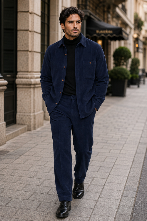 Mens Corduroy Shirt and Pants Walking Suit in Winter Cotton Fabric Casual in Color Navy leisure Style