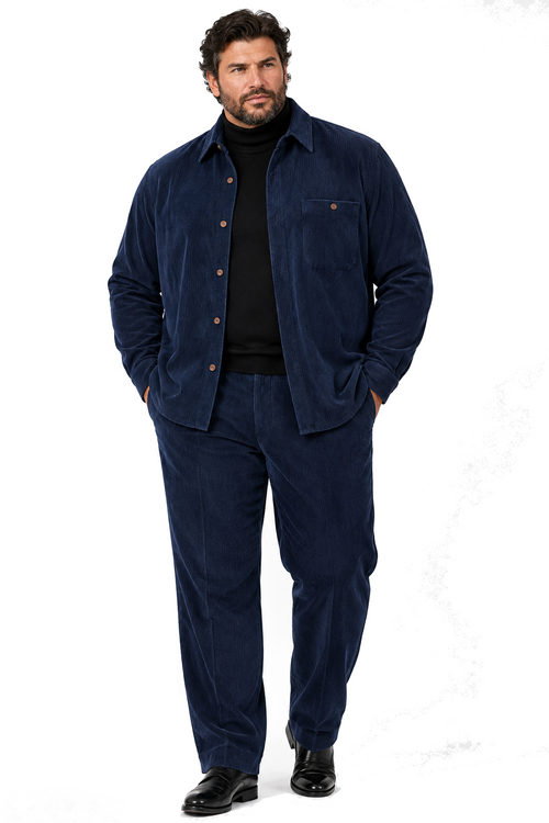 Mens Corduroy Shirt and Pants Walking Suit in Winter Cotton Fabric Casual in Color Navy leisure Style
