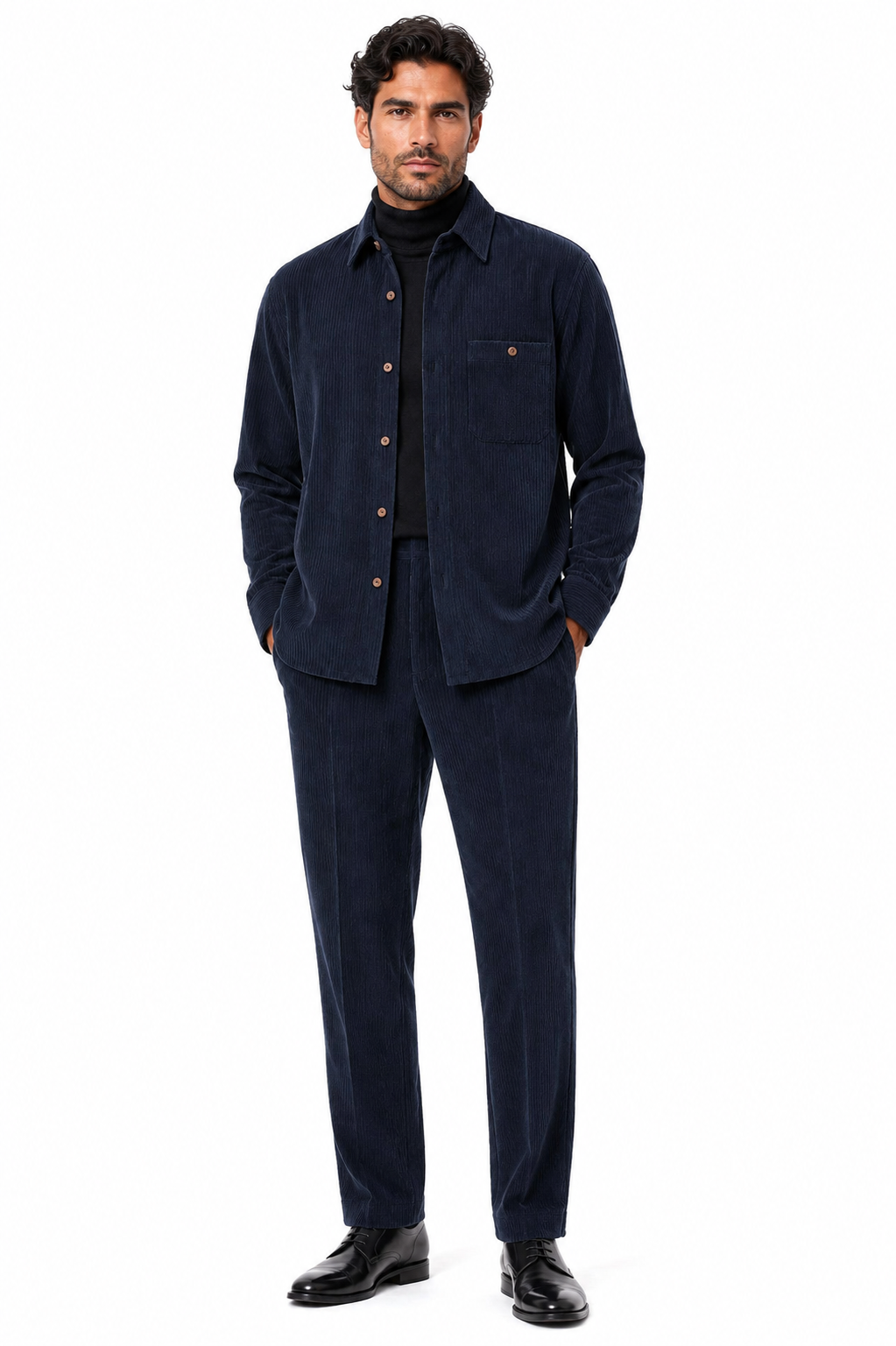 Mens Corduroy Shirt and Pants Walking Suit in Winter Cotton Fabric Casual in Color Navy leisure Style