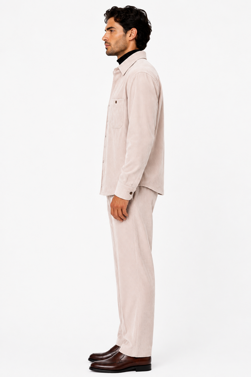 Men's Corduroy Shirt and Pants Walking Suit in Winter Cotton Fabric Casual in Color Shell Tan Sand Natural leisure Style