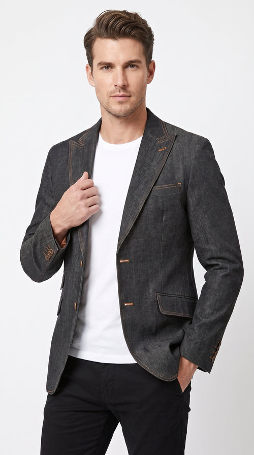Mens Denim Cotton Blazer with Black β Smart Casual Jacket Outfit