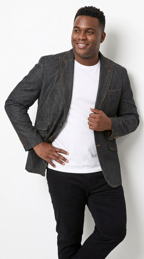 Mens Denim Cotton Blazer with Black β Smart Casual Jacket Outfit