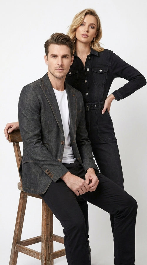 Mens Denim Cotton Blazer with Black β Smart Casual Jacket Outfit