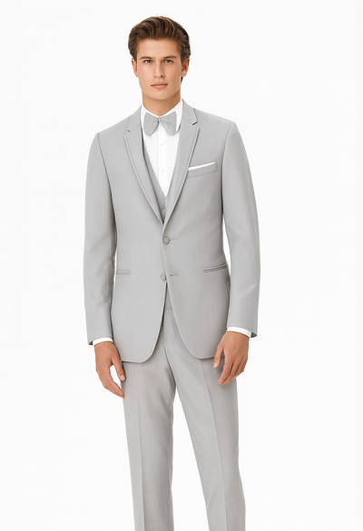 Gray Prom Suit - Mens Designer Marseille One Button Satin Trimmed Peak Tuxedo Light Grey