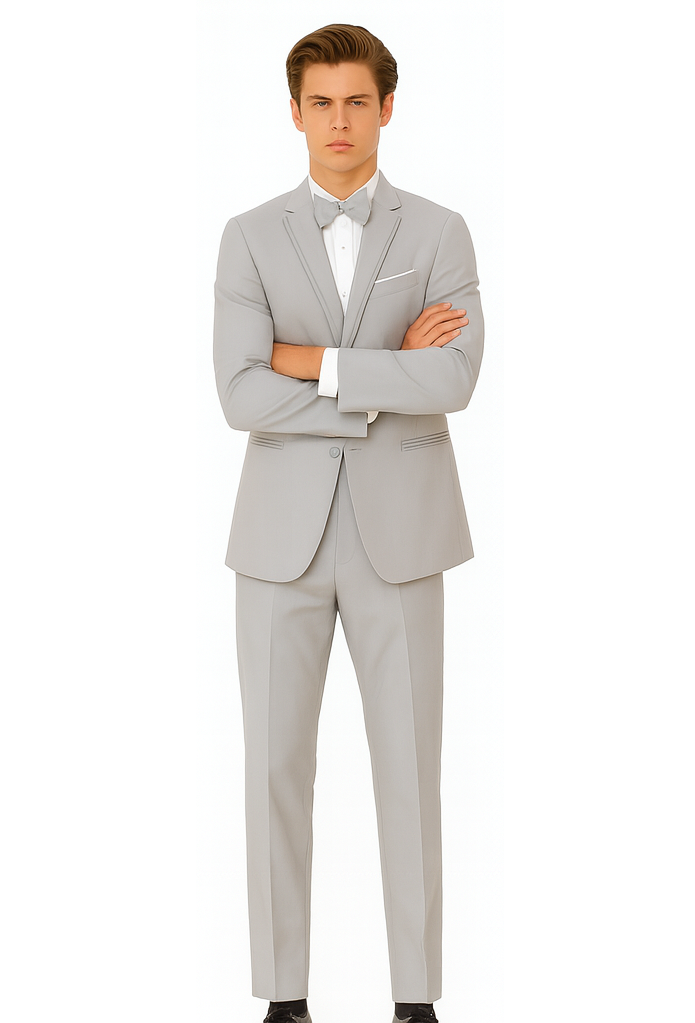 Gray Prom Suit - Mens Designer Marseille One Button Satin Trimmed Peak Tuxedo Light Grey