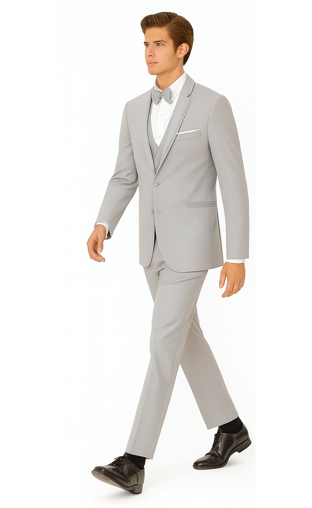 Gray Prom Suit - Mens Designer Marseille One Button Satin Trimmed Peak Tuxedo Light Grey