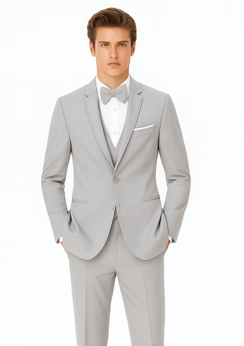 Gray Prom Suit - Mens Designer Marseille One Button Satin Trimmed Peak Tuxedo Light Grey