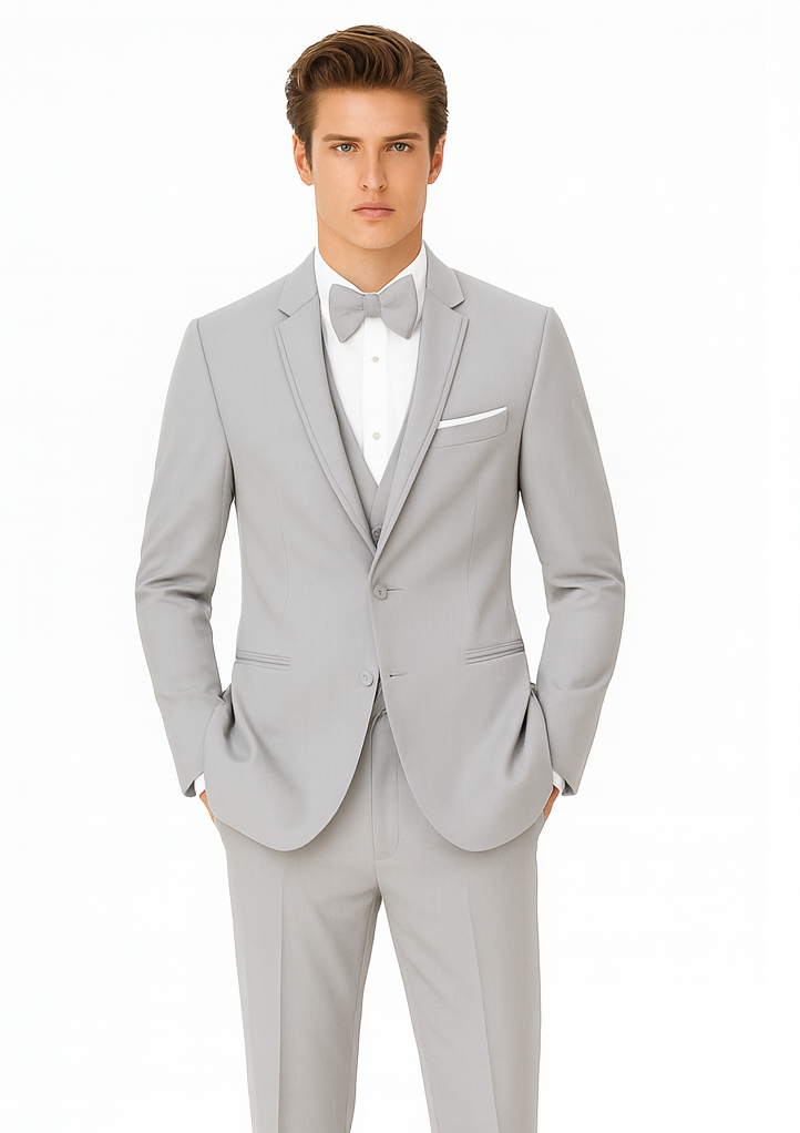 Gray Prom Suit - Mens Designer Marseille One Button Satin Trimmed Peak Tuxedo Light Grey