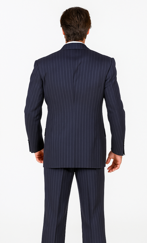 Men's Double Breasted Suits Dark Navy Blue Suit For Men with Smooth Stripe ~ Pinstripe Suit With Side Vent Jacket Pleated Pants