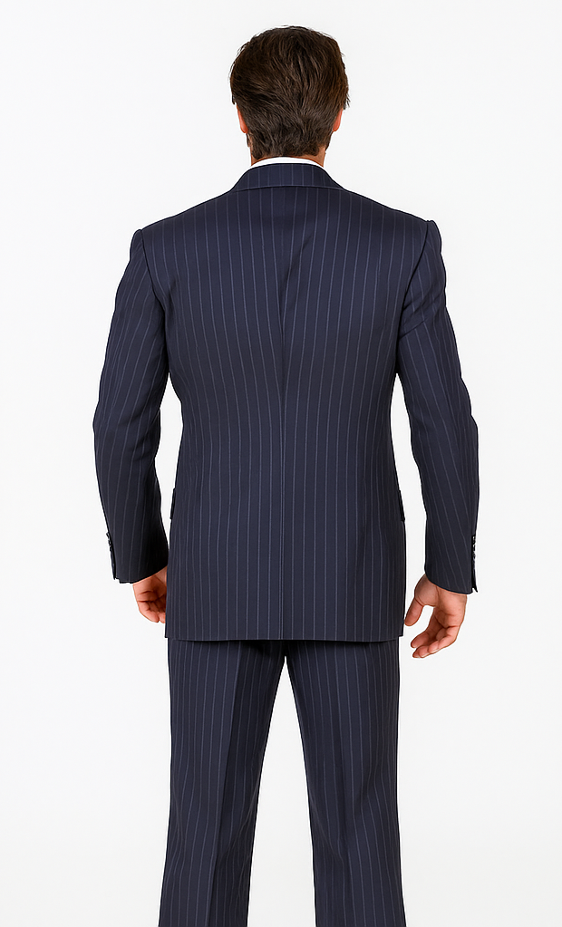 Men's Double Breasted Suits Dark Navy Blue Suit For Men with Smooth Stripe ~ Pinstripe Suit With Side Vent Jacket Pleated Pants