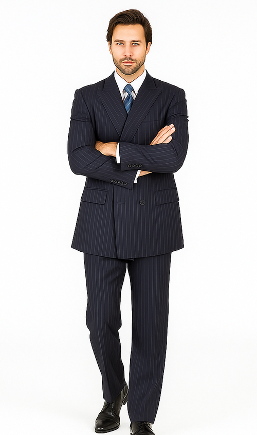 Men's Double Breasted Suits Dark Navy Blue Suit For Men with Smooth Stripe ~ Pinstripe Suit With Side Vent Jacket Pleated Pants